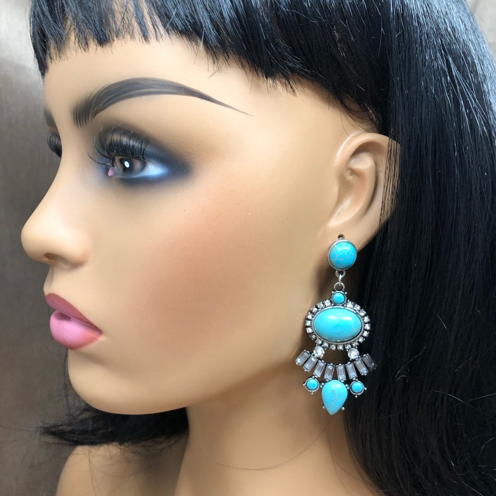 Abstract Statement Turquoise & Rhinestone Post Drop Earrings - Picture 2 of 3